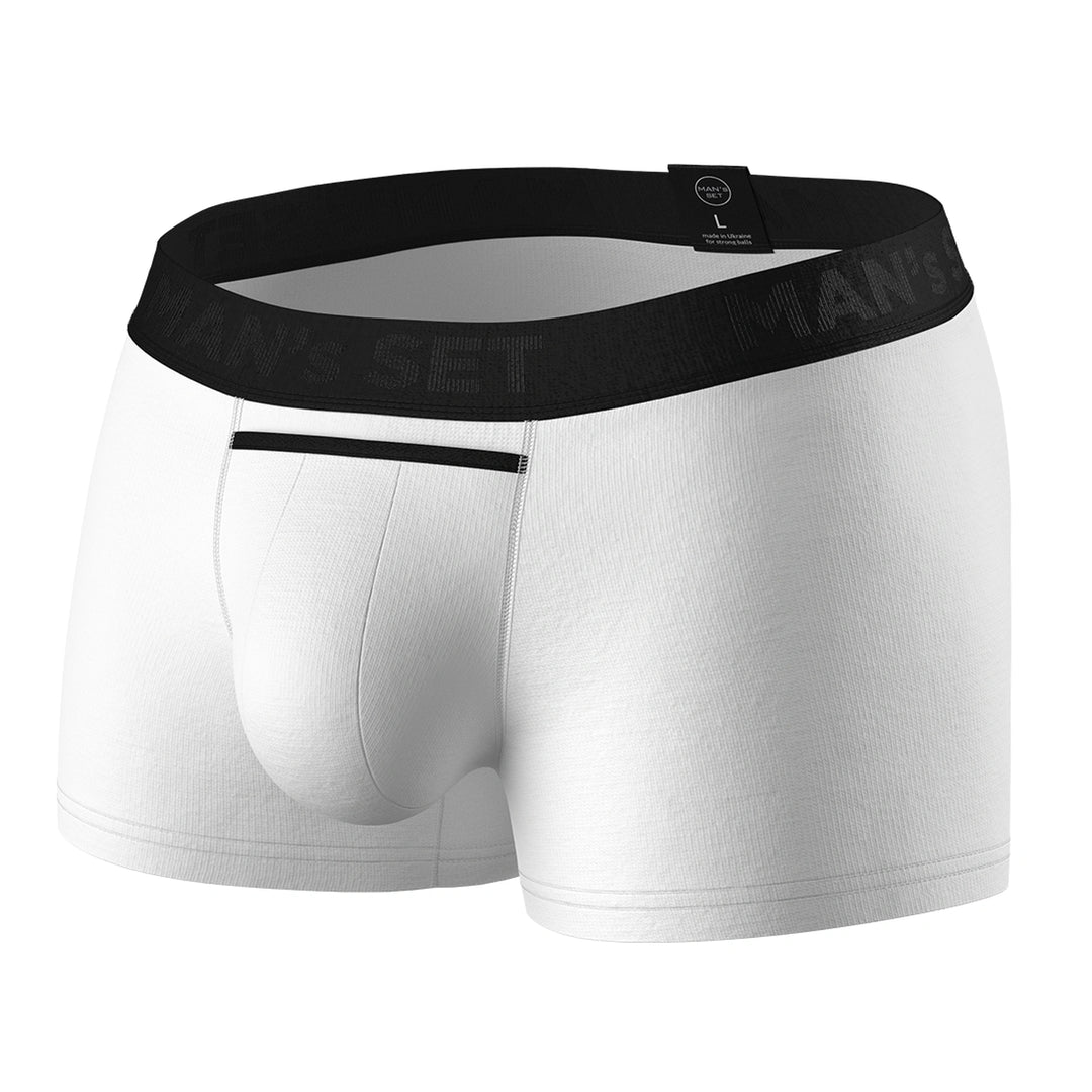 UltraSoft anatomical men’s trunks by Man’s SET in white cotton, breathable comfortable men’s underwear with fly, front view