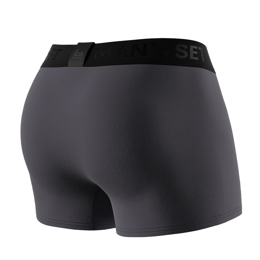 Comfortable men’s underwear by Man’s SET, graphite 3.2″ FlexFit trunks with soft stretch fit, back view
