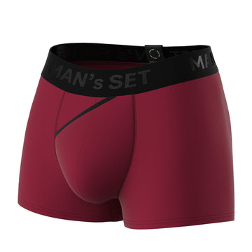 Man’s SET burgundy FlexFit Trunk 3.2" anatomical men’s underwear with open fly, angled front view