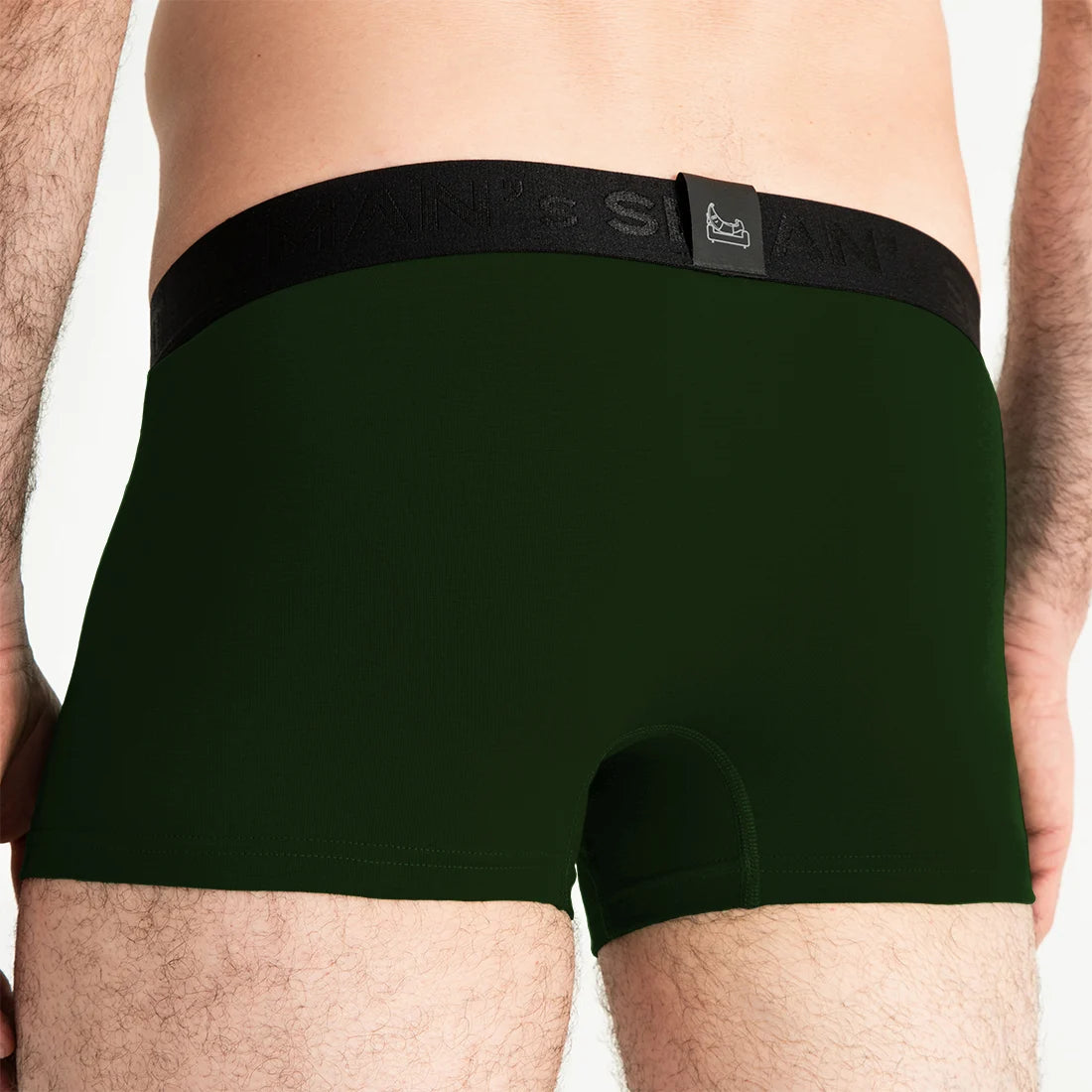 Forest green men’s trunk by Man’s SET, breathable underwear  FlexFit 3.2 inch cut, back view