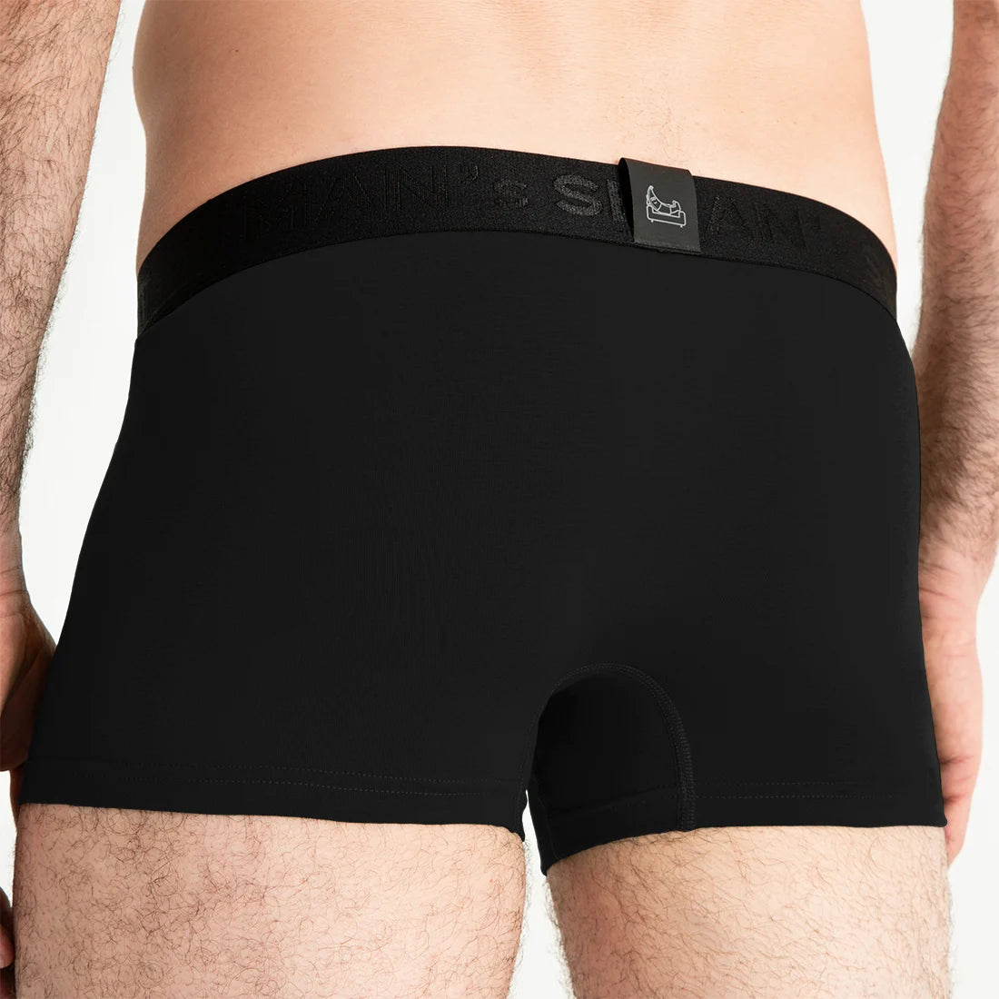 Anatomical men’s underwear in black by Man’s SET, FlexFit Trunk with 3.2" OpenFly, back view