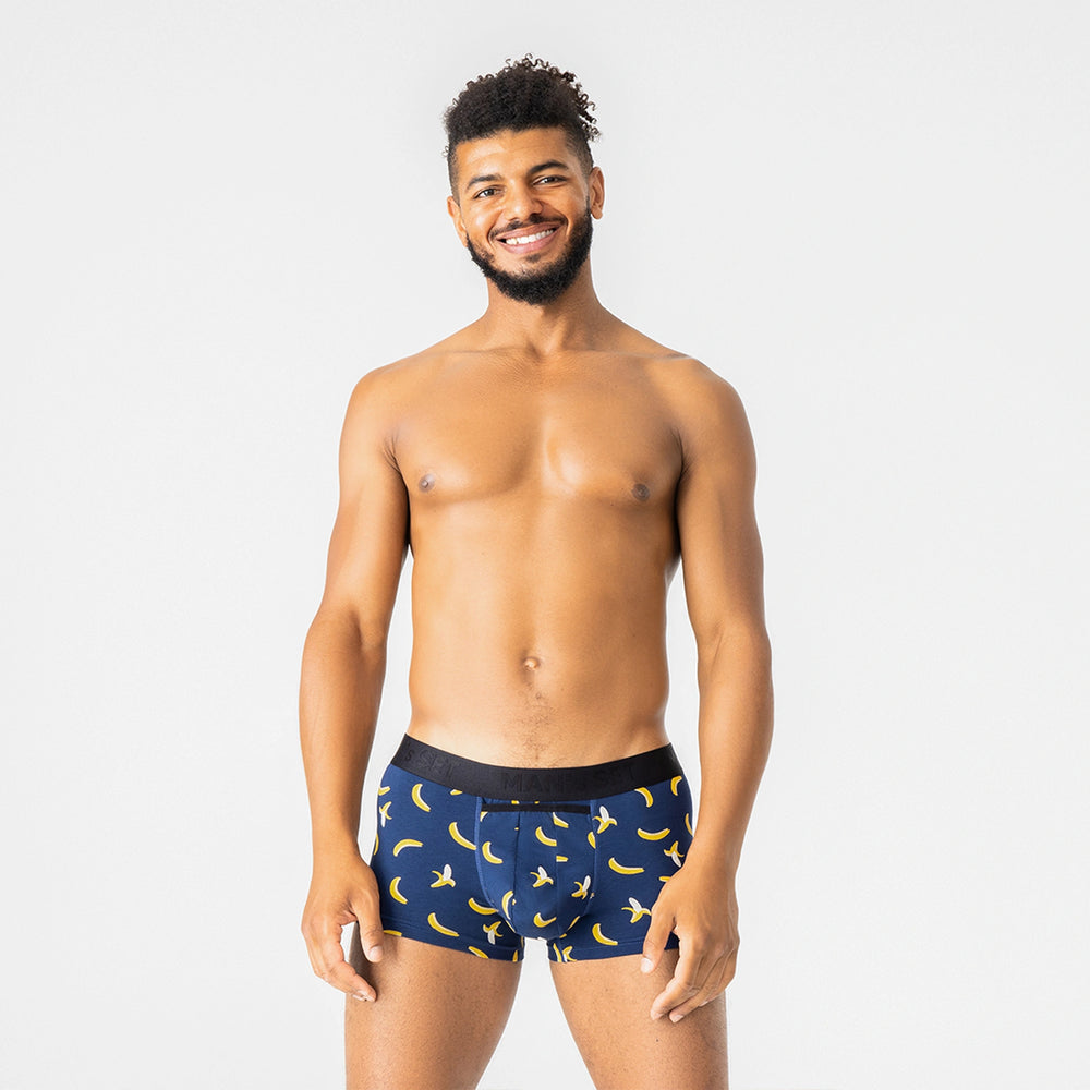 Man’s SET UltraSoft anatomical men’s trunks, Navy Banana print, breathable cotton with ergonomic pouch, front view