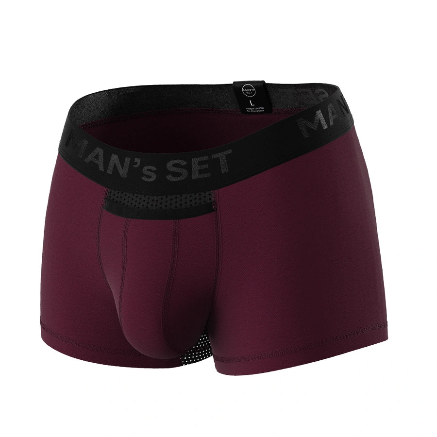 Man’s SET plum AirFlow men’s trunk with breathable mesh and open fly, front angle view