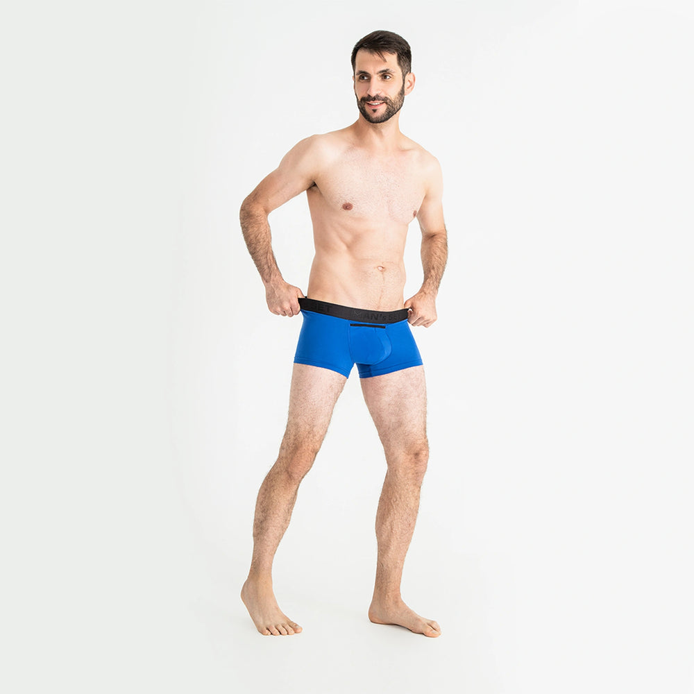 Electric blue breathable men’s underwear by Man’s SET, cotton trunks, anatomical fit, front full-body view
