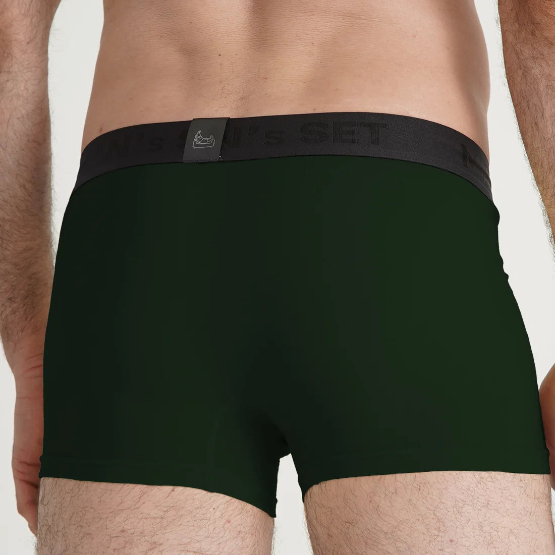 Man’s SET forest green men’s underwear trunks, moisture-wicking PowerStretch fabric, back view