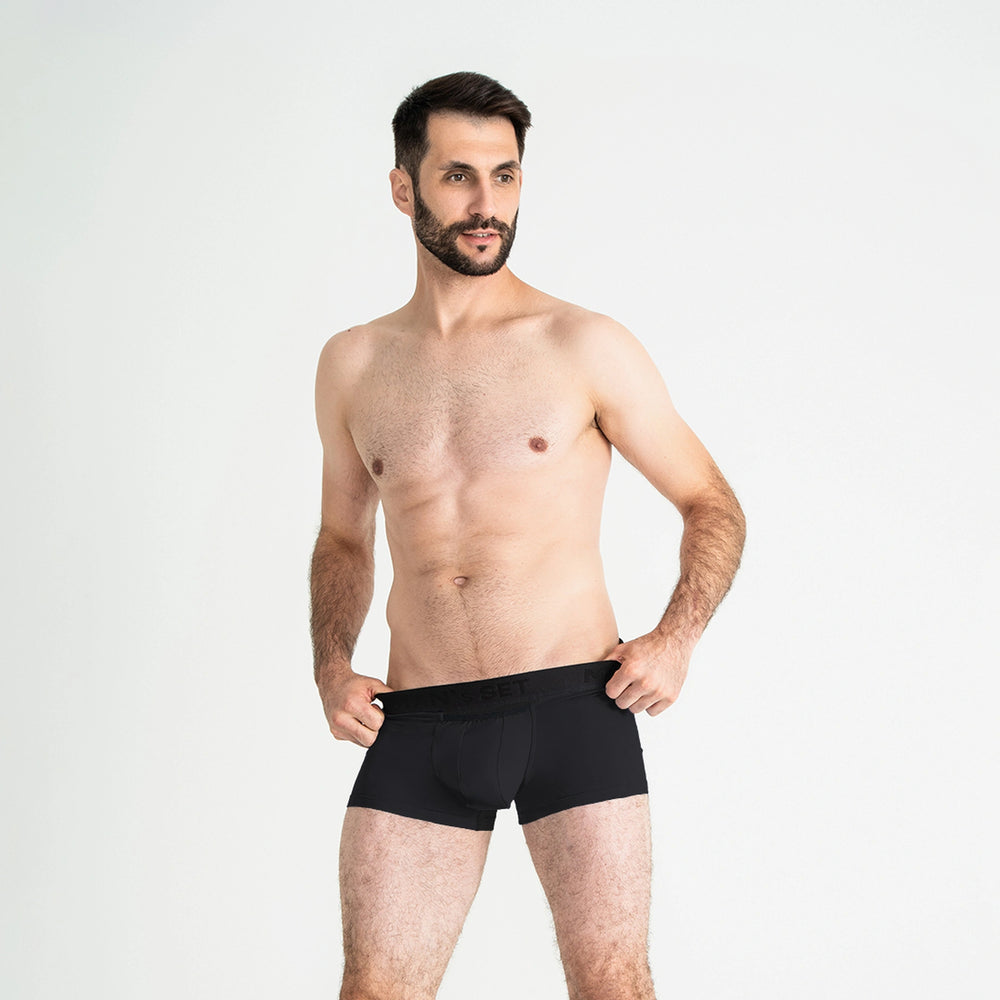 Man’s SET AirFlow anatomical men’s underwear in navy with mesh fly panel, comfortable trunk cut, front view
