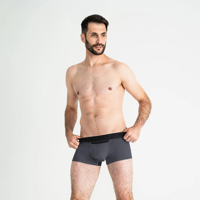 Breathable anatomic men’s underwear by Man’s SET, graphite AirFlow trunk 3.6'' OpenFly, front view on model