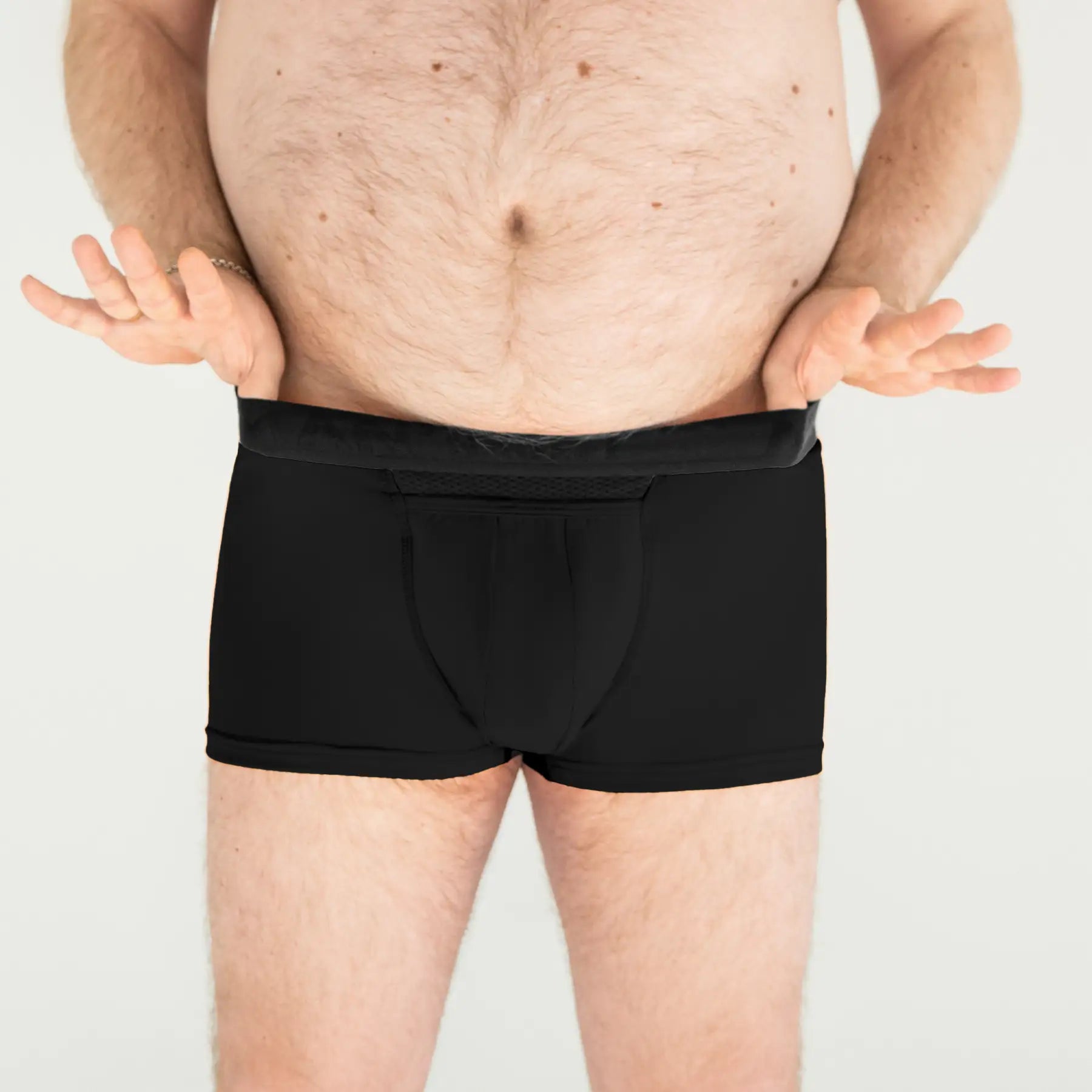 Breathable black anatomical men’s boxer briefs by Man’s SET, lightweight plus-size style with fly, front close-up view