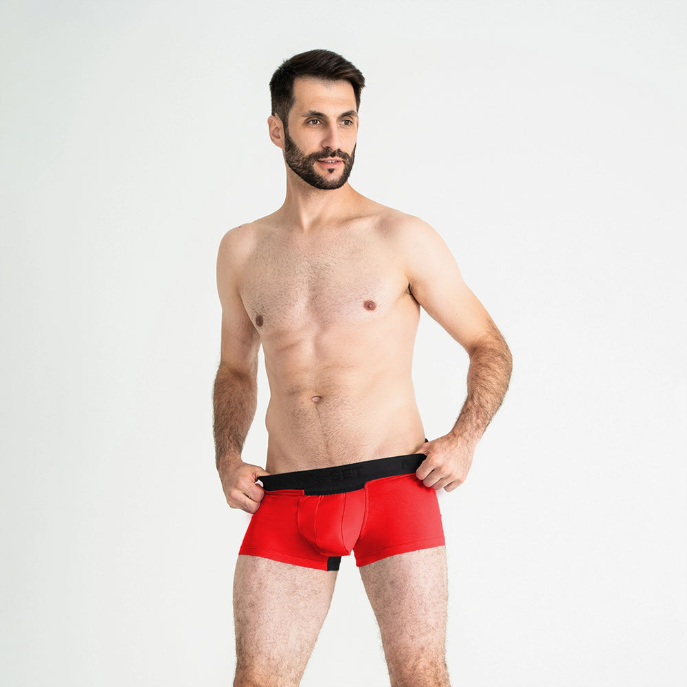 Man’s SET red AirFlow trunk with breathable mesh fly, comfortable anatomical men’s underwear, front angle view