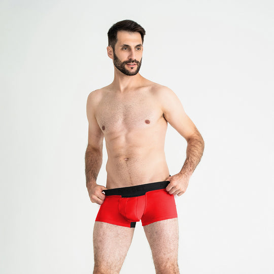 Man’s SET red AirFlow trunk with breathable mesh fly, comfortable anatomical men’s underwear, front angle view