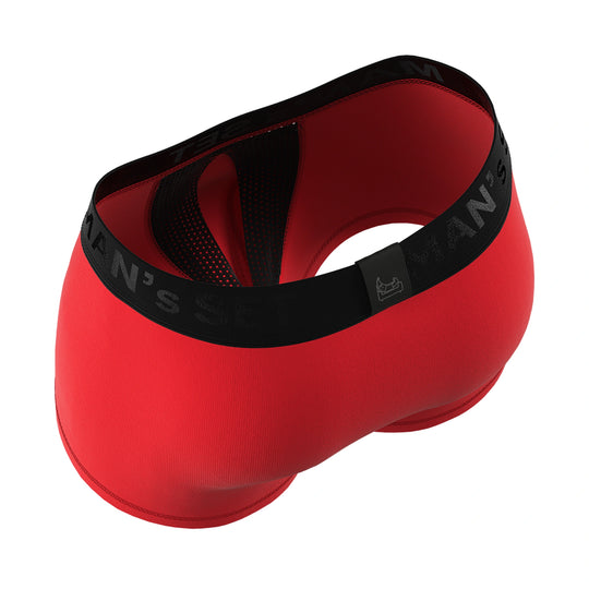 Man’s SET AirFlow red trunk with breathable mesh gusset, anatomical men’s underwear, top-back angle view