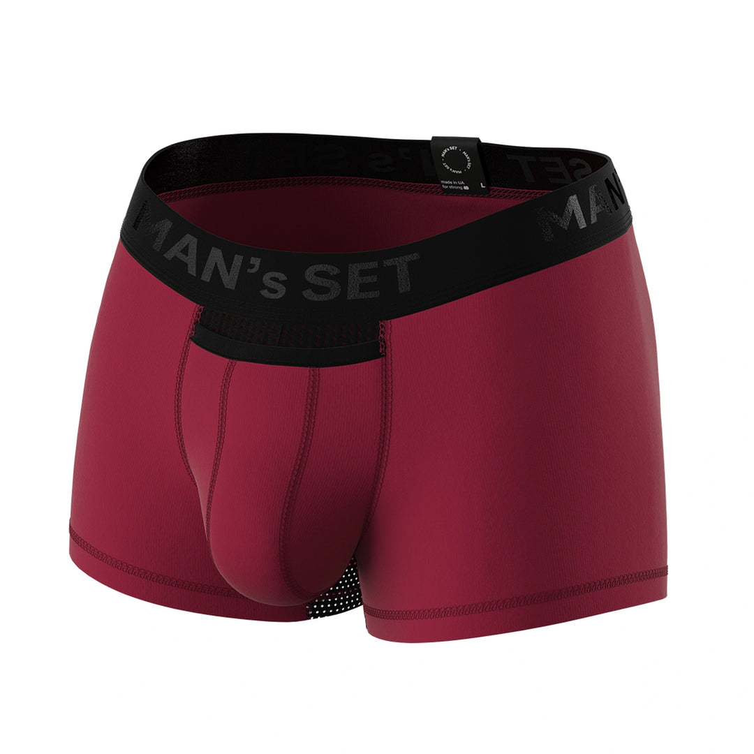 Man’s SET burgundy AirFlow trunk with black mesh accents, breathable anatomical men’s underwear, front view