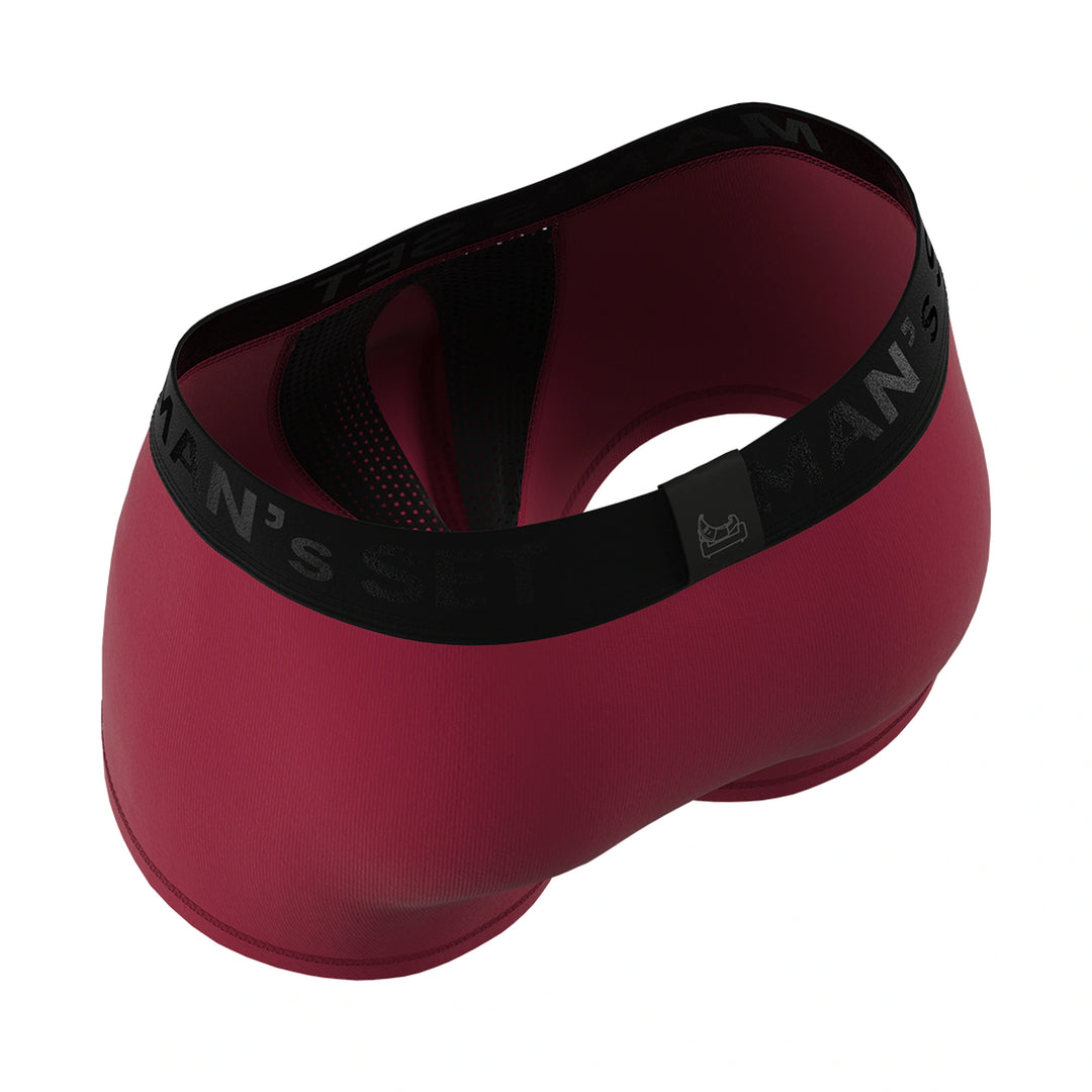 Man’s SET AirFlow Trunk 3.6" OpenFly in burgundy, anatomical men’s underwear with mesh interior, back view
