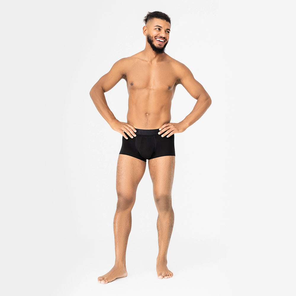 Comfortable men’s black trunks by Man’s SET, breathable BreezeFlow Micromodal underwear with anatomical pouch, front view