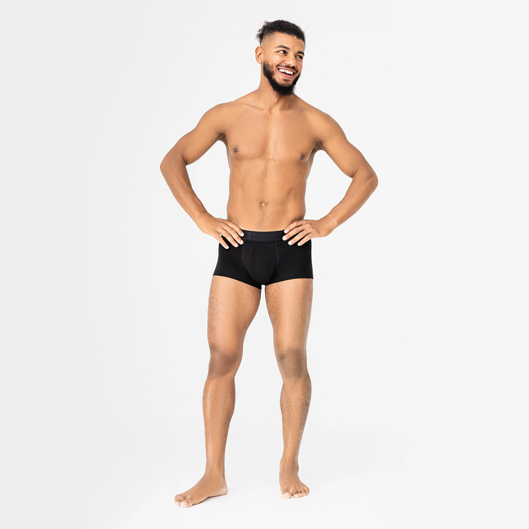 Comfortable men’s black trunks by Man’s SET, breathable BreezeFlow Micromodal underwear with anatomical pouch, front view
