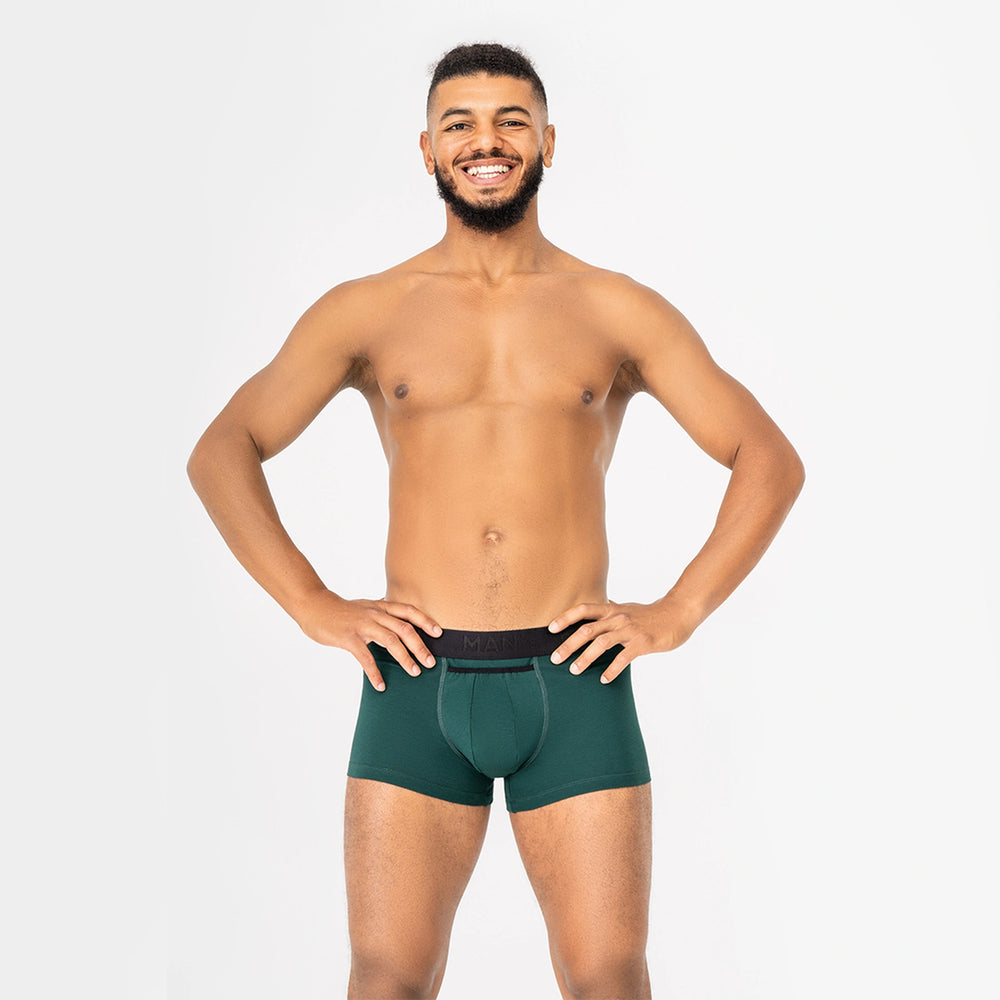 Comfortable men’s underwear by Man’s SET in forest green micromodal fabric with black logo waistband, front view