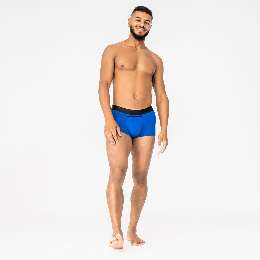 Comfortable men’s underwear by Man’s SET, electric blue Micromodal trunks with anatomical pouch, front view