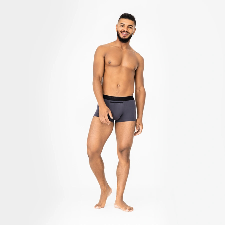 Comfortable men’s underwear by Man’s SET, graphite BreezeFlow Micromodal trunk with anatomical pouch and open fly, front view
