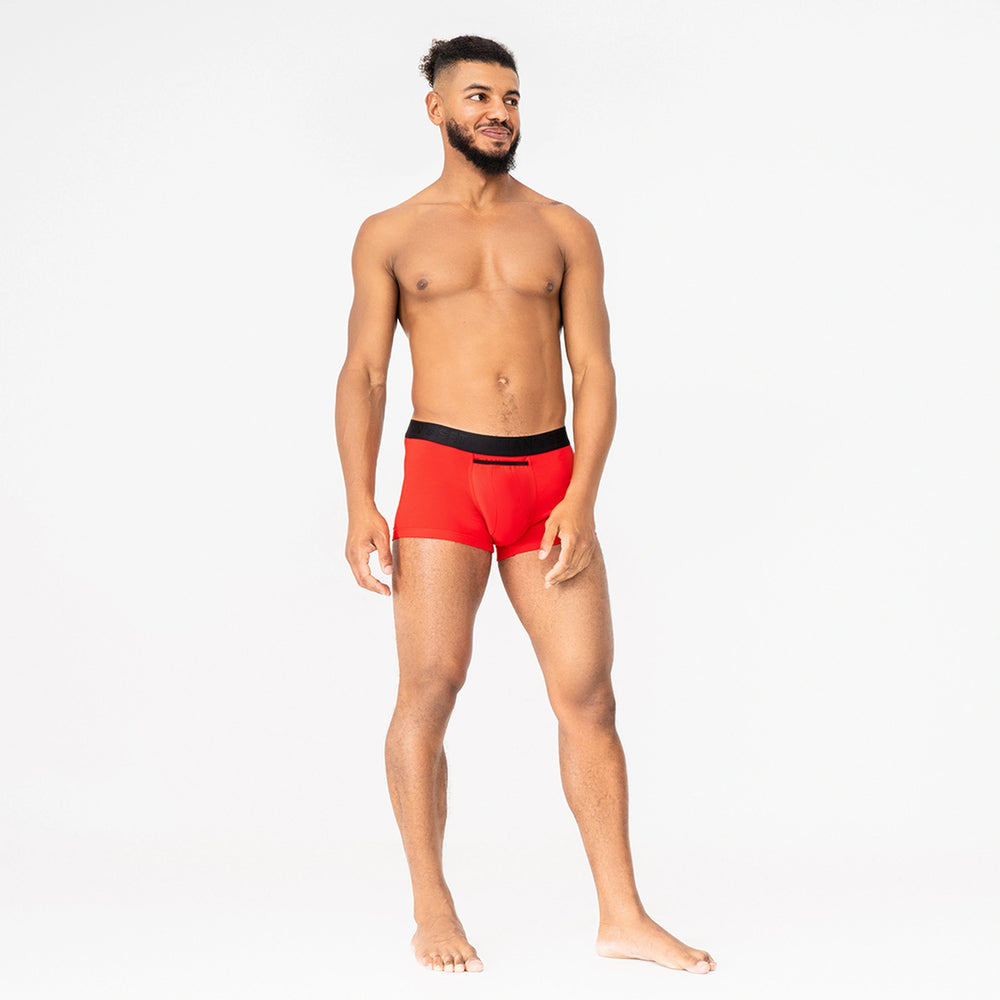 UltraSoft anatomical men’s trunks by Man’s SET in bold red, breathable cotton blend comfortable underwear, front full-body view