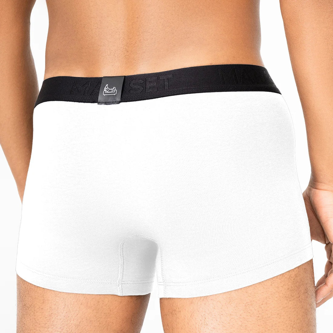 Man’s SET BreezeFlow white micromodal trunks with black waistband, breathable men’s underwear, back view