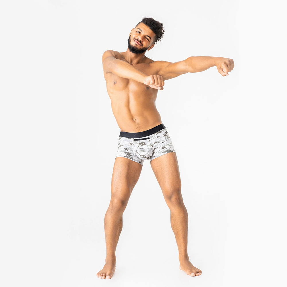 UltraSoft anatomical trunks by Man’s SET, Pixel Camo print, cotton underwear for men, full body front view