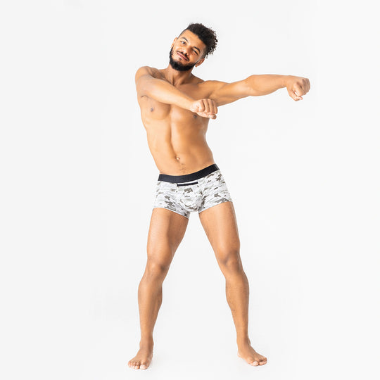 UltraSoft anatomical trunks by Man’s SET, Pixel Camo print, cotton underwear for men, full body front view