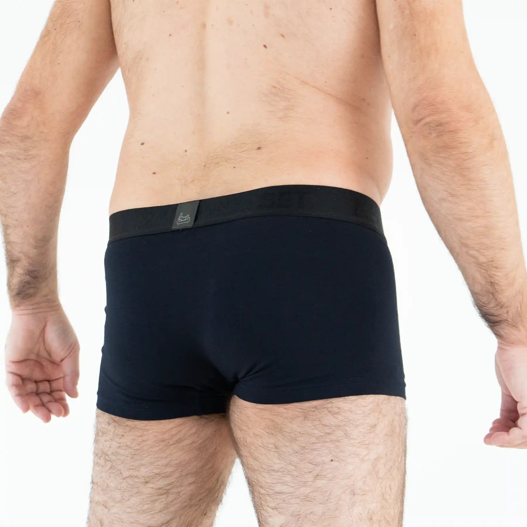 Man’s SET navy anatomical men’s boxers with fly, classic plus-size fit, back view