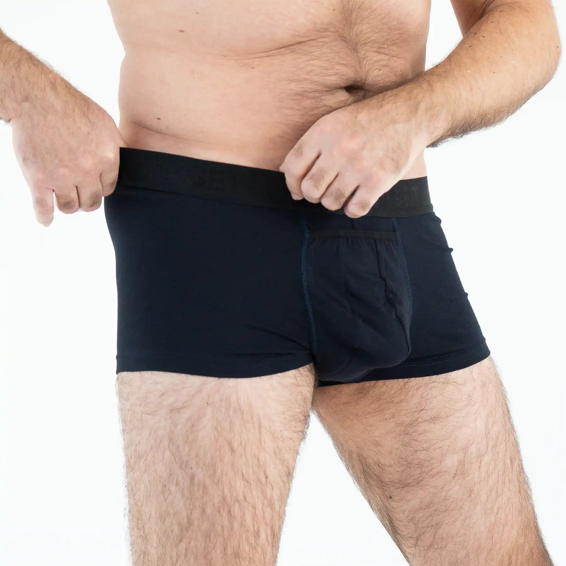 Navy anatomical men’s boxers with fly by Man’s SET, classic plus-size design, side close-up view