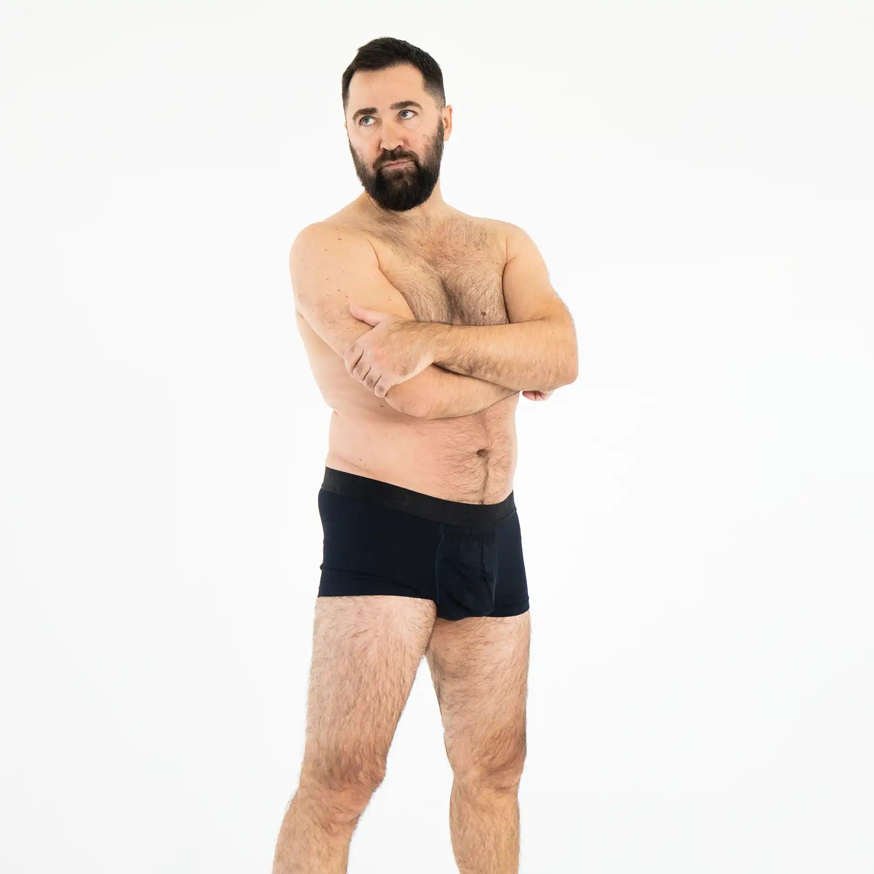 Man’s SET classic navy anatomical men’s boxers with fly, plus-size fit, angled front view