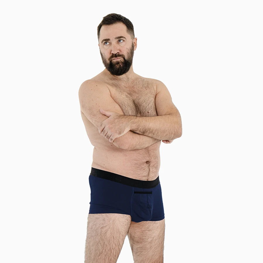 Men's plus size Anatomical Boxers Classic with open fly in Navy On Model