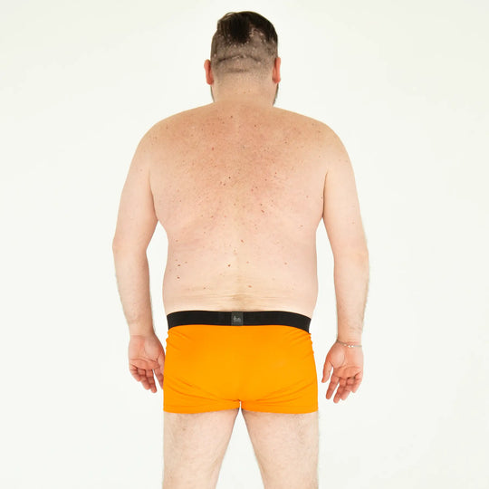 Orange anatomical men’s boxers with fly by Man’s SET, classic plus-size style, back view