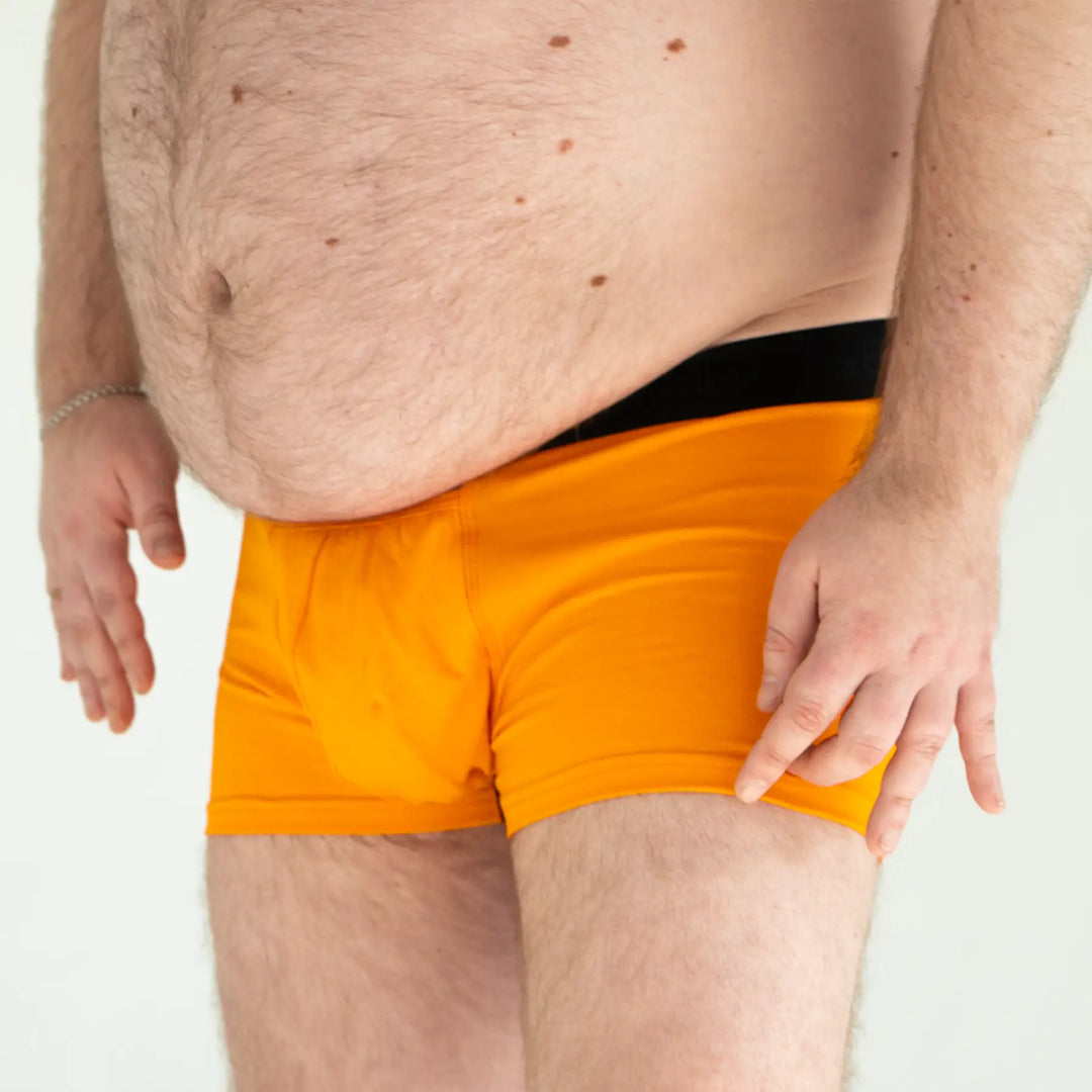 Man’s SET classic anatomical men’s boxers with fly in orange, plus-size fit, side view