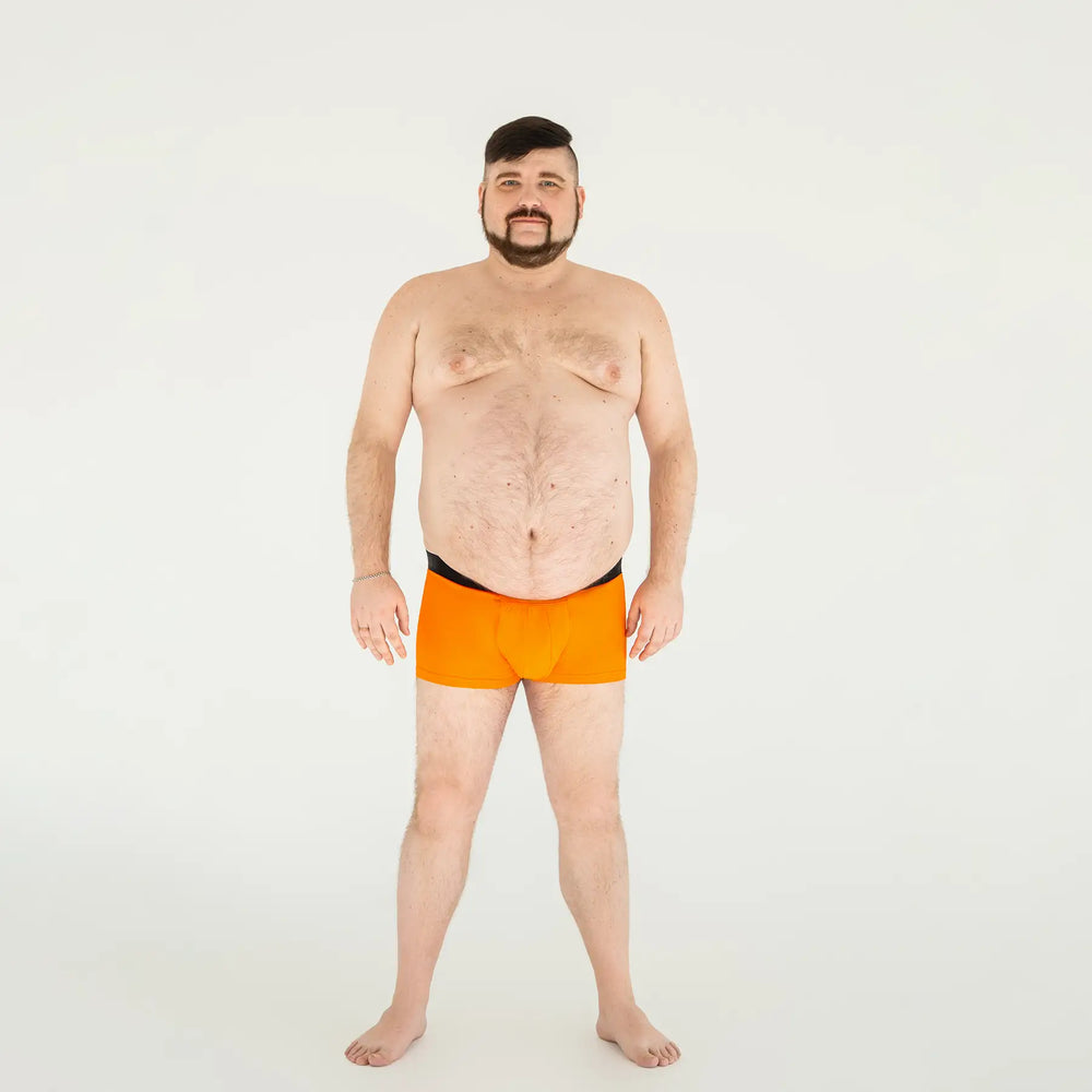 Man’s SET classic anatomical men’s boxers with fly in orange, plus-size underwear, full front view