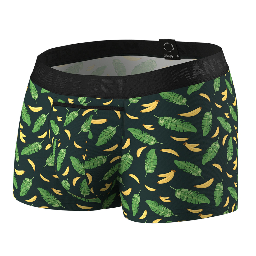 UltraSoft anatomical men’s trunks by Man’s SET, breathable cotton stretch, tropical vibes print, horizontal fly, front view
