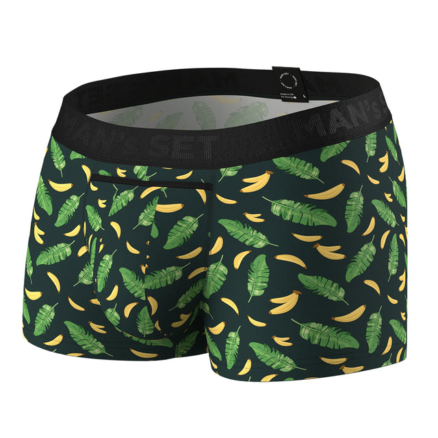 UltraSoft anatomical men’s trunks by Man’s SET, breathable cotton stretch, tropical vibes print, horizontal fly, front view