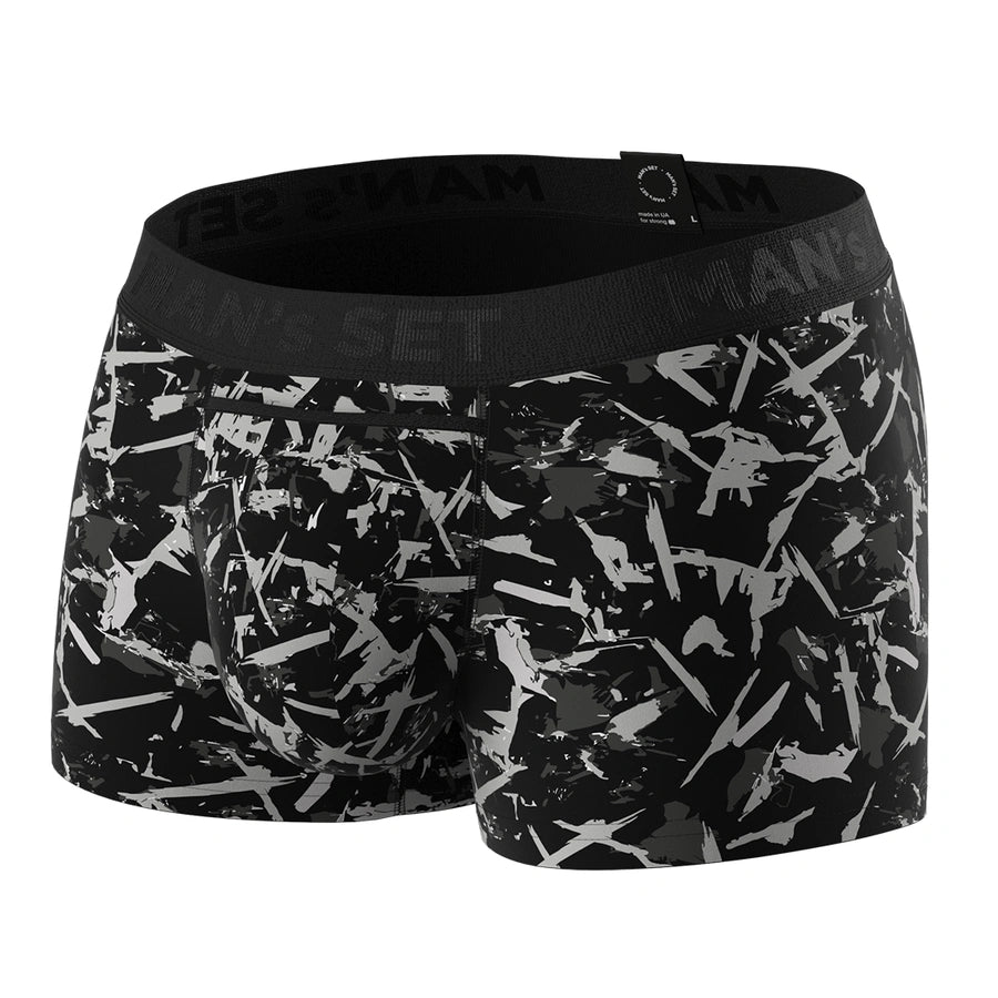 Man’s SET Ink Splash men’s trunks, UltraSoft breathable underwear with 3.6" inseam and open fly design, front view