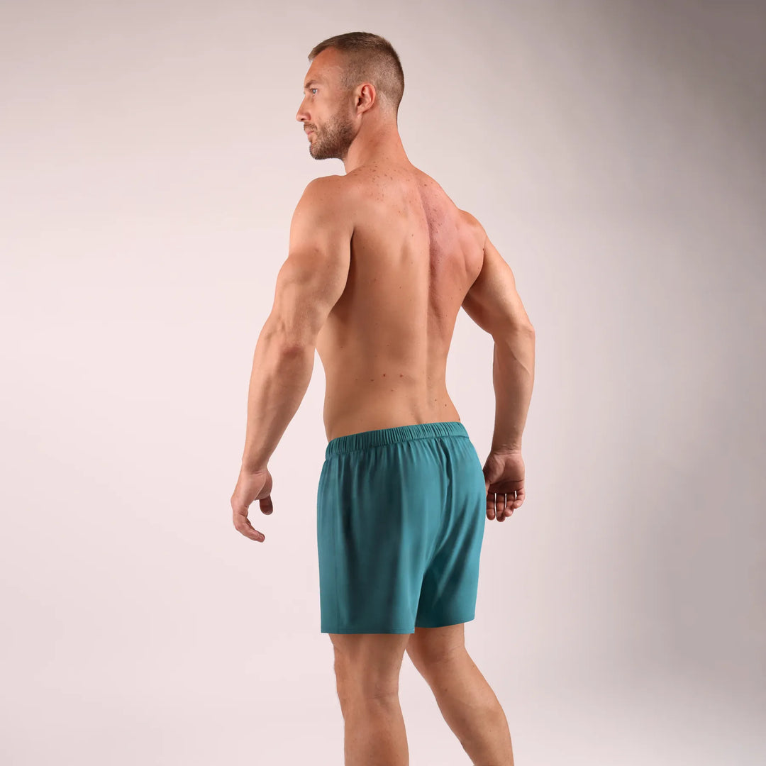 Man’s SET dark aqua loose fit boxer shorts, 100% cotton men’s underwear, back view