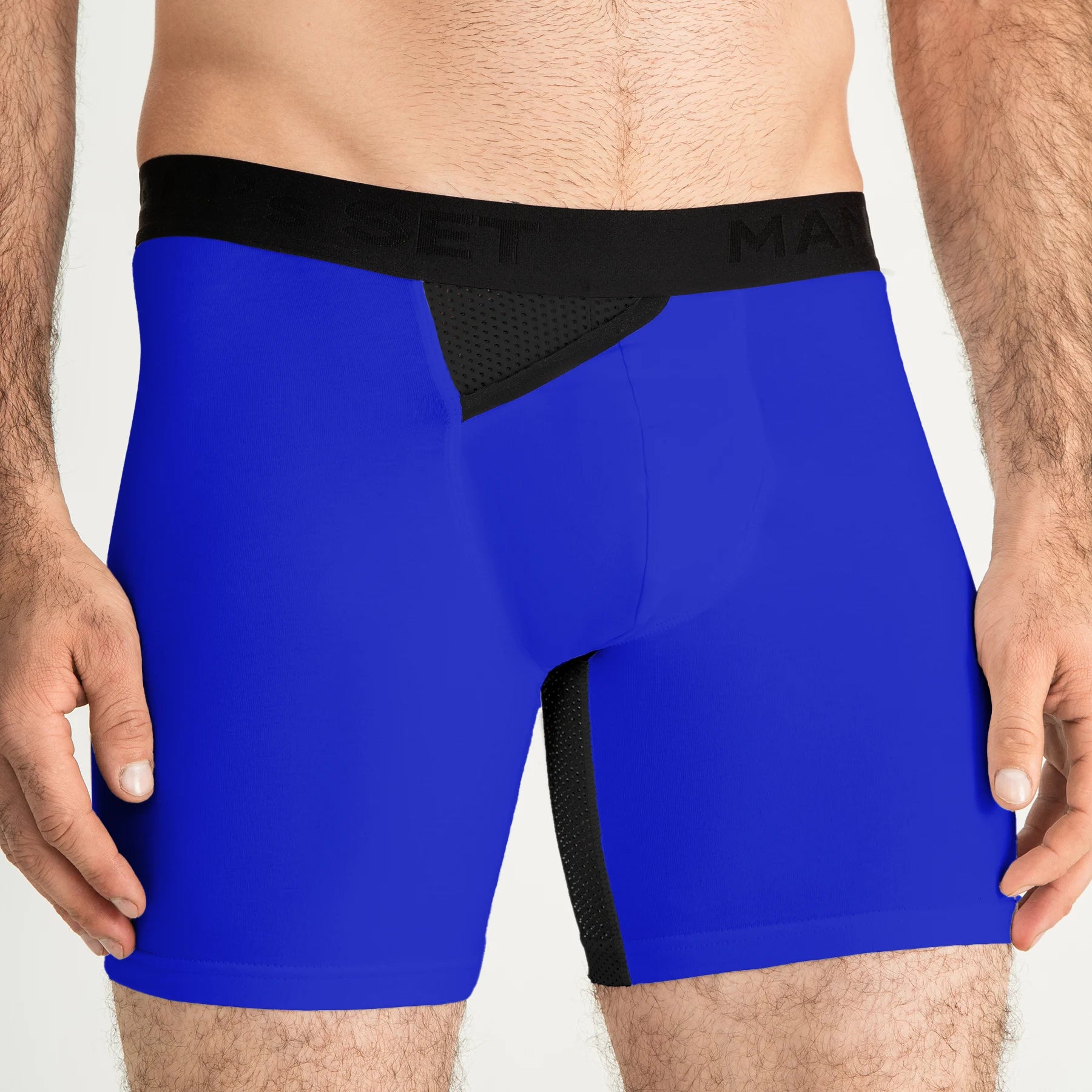 Electric blue AirFlow boxer briefs for men by Man’s SET, mesh pouch and leg vents, front view