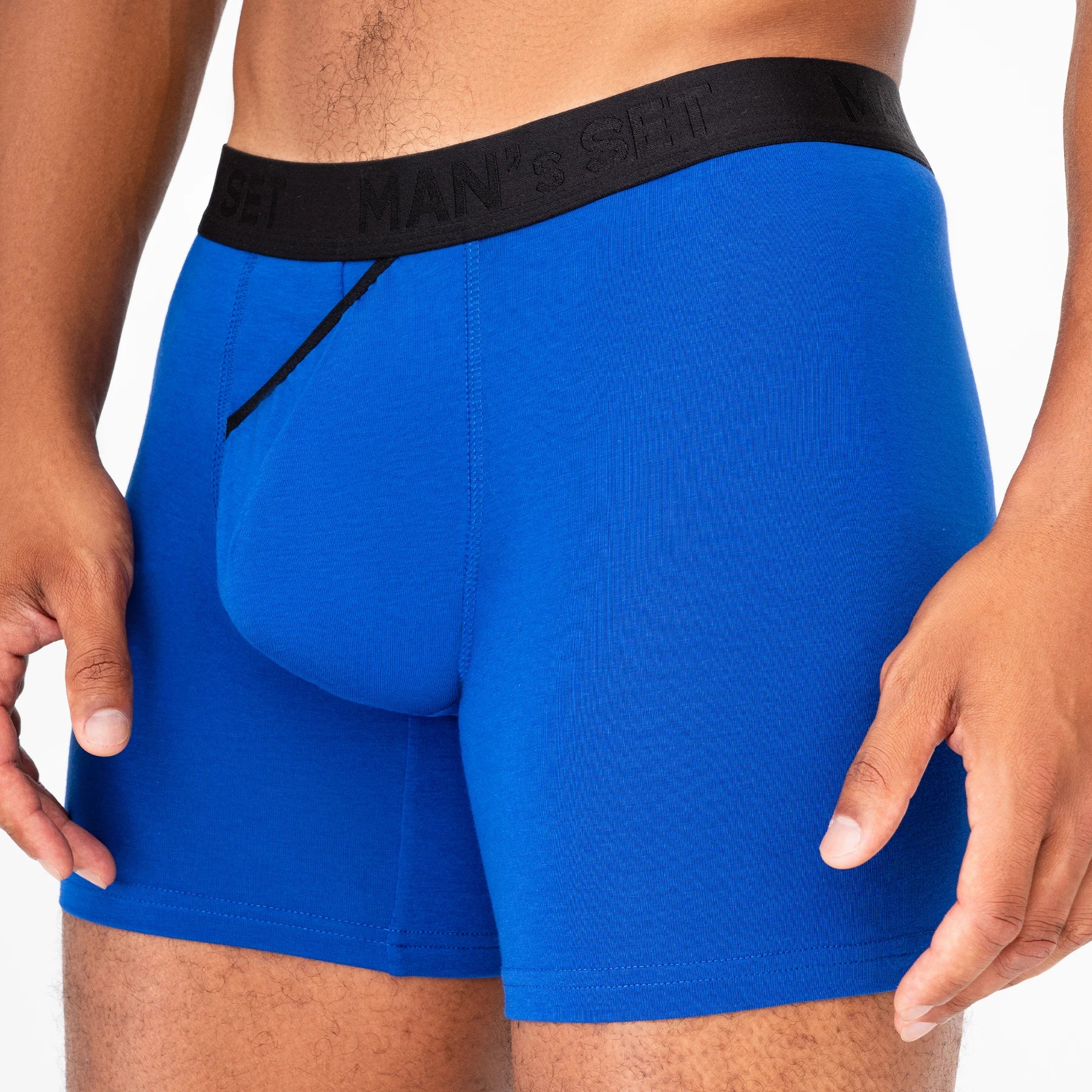 Man’s SET electric blue boxer briefs, anatomical men’s underwear with supportive pouch, close-up front view