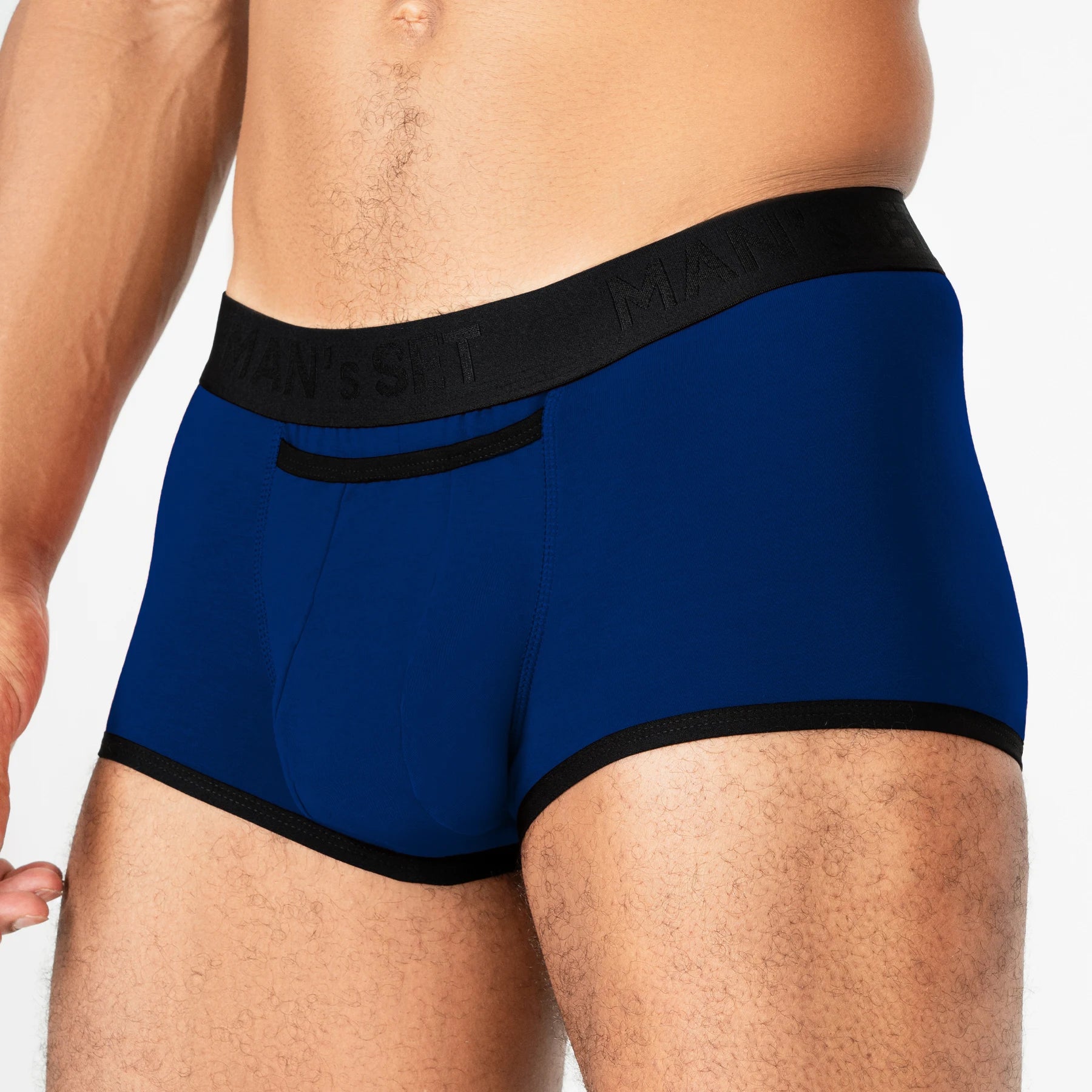 Man’s SET electric blue ProActive Stretch Trunk 3.2" OpenFly, anatomical men’s underwear with black trim, side view