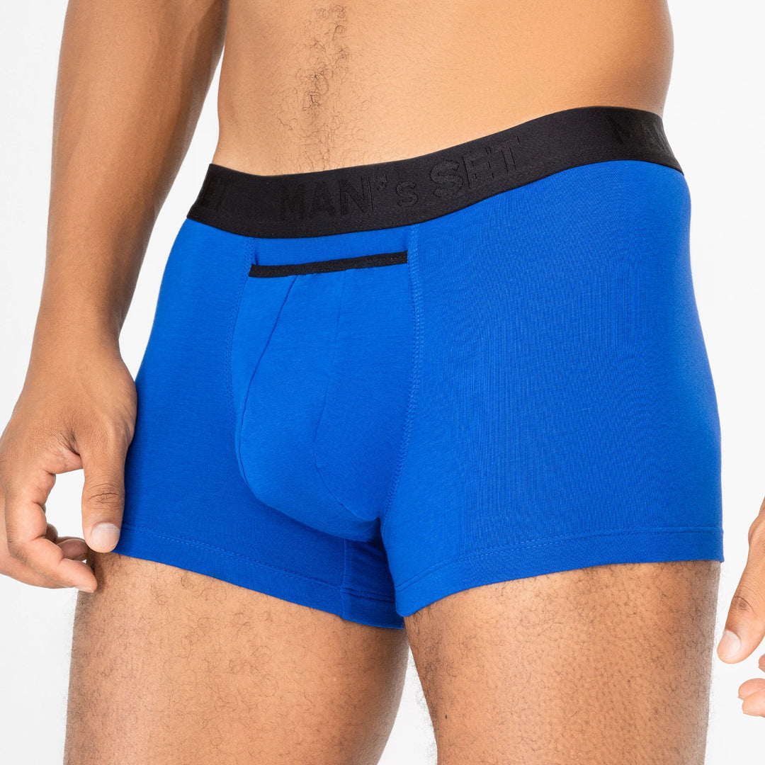 Man’s SET electric blue anatomical men’s underwear, breathable Micromodal trunk with black waistband, front view
