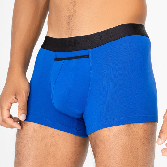 Man’s SET electric blue anatomical men’s underwear, breathable Micromodal trunk with black waistband, front view
