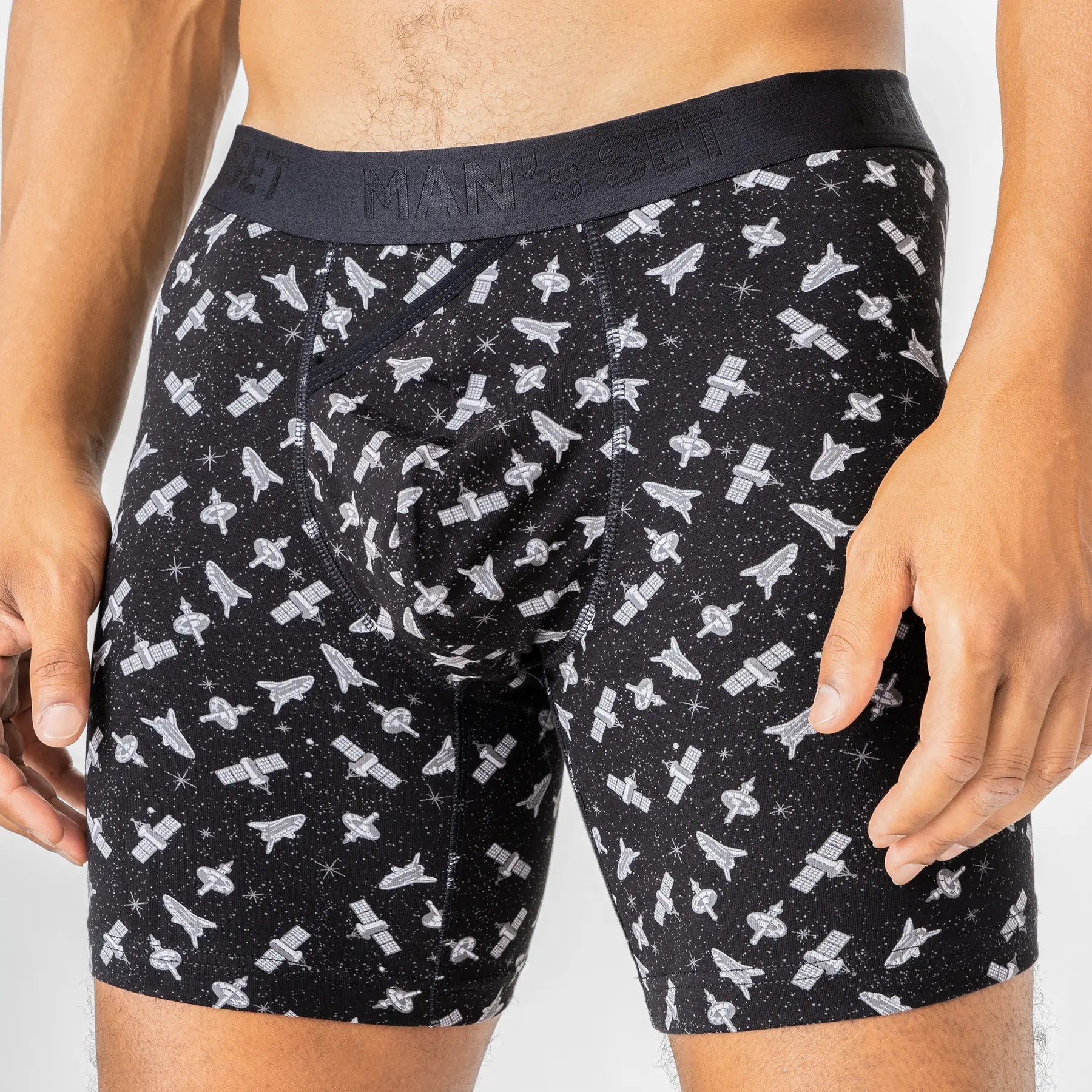Man’s SET Galaxy print men’s boxer briefs, breathable UltraSoft fabric with anatomical 7.6" OpenFly support, front view