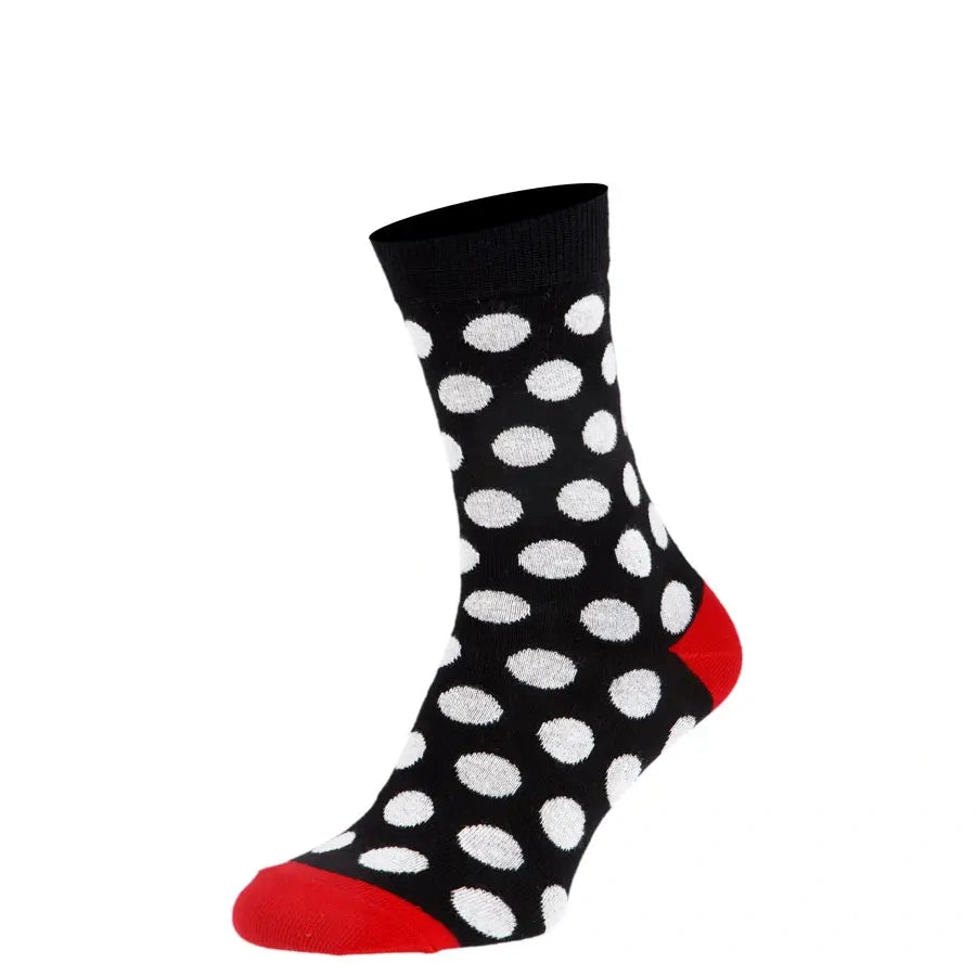 Man’s SET men’s classic cotton socks, white polka dots on black with red heel and toe, side view