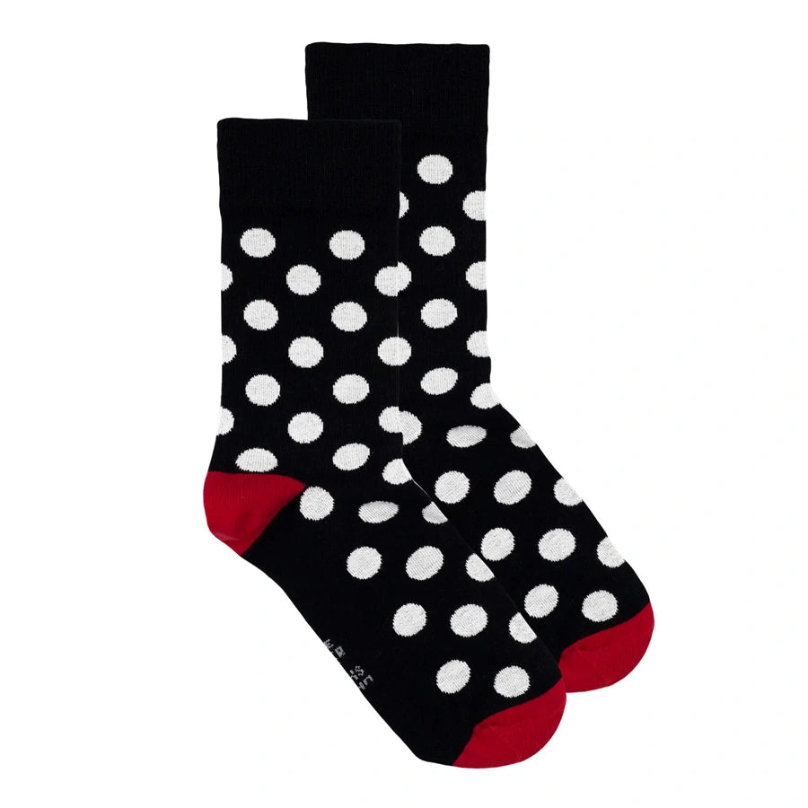 Man’s SET men’s cotton socks with white polka dots on black, red heel and toe accents, side view
