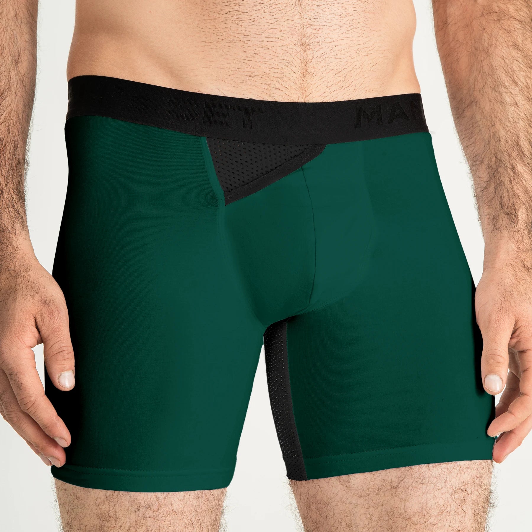 Man’s SET forest green AirFlow boxer briefs, breathable men’s underwear with mesh panel, close-up front view