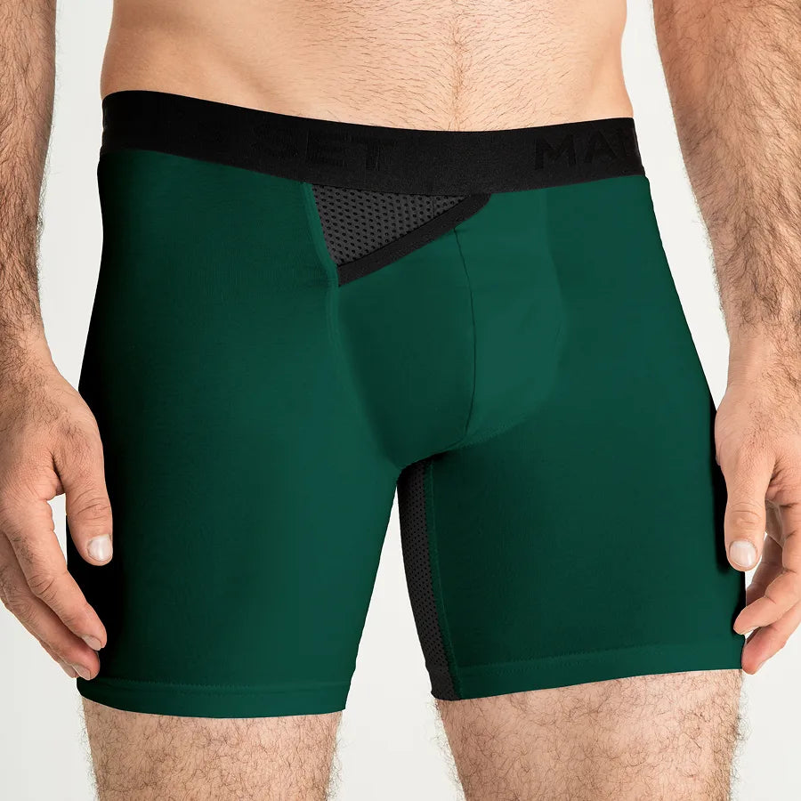 Men's AirFlow Boxer Brief with mesh angled fly in Forest Green Close Up