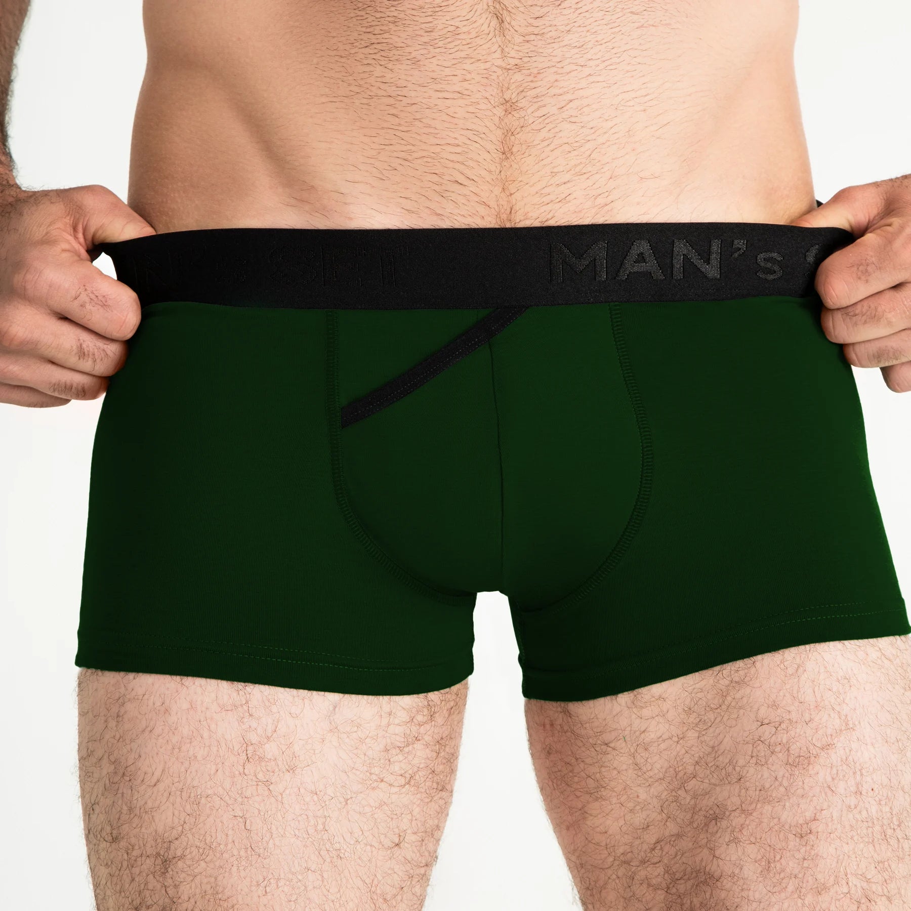 Man’s SET forest green FlexFit Trunk 3.2" OpenFly, anatomical men’s underwear, close-up front view