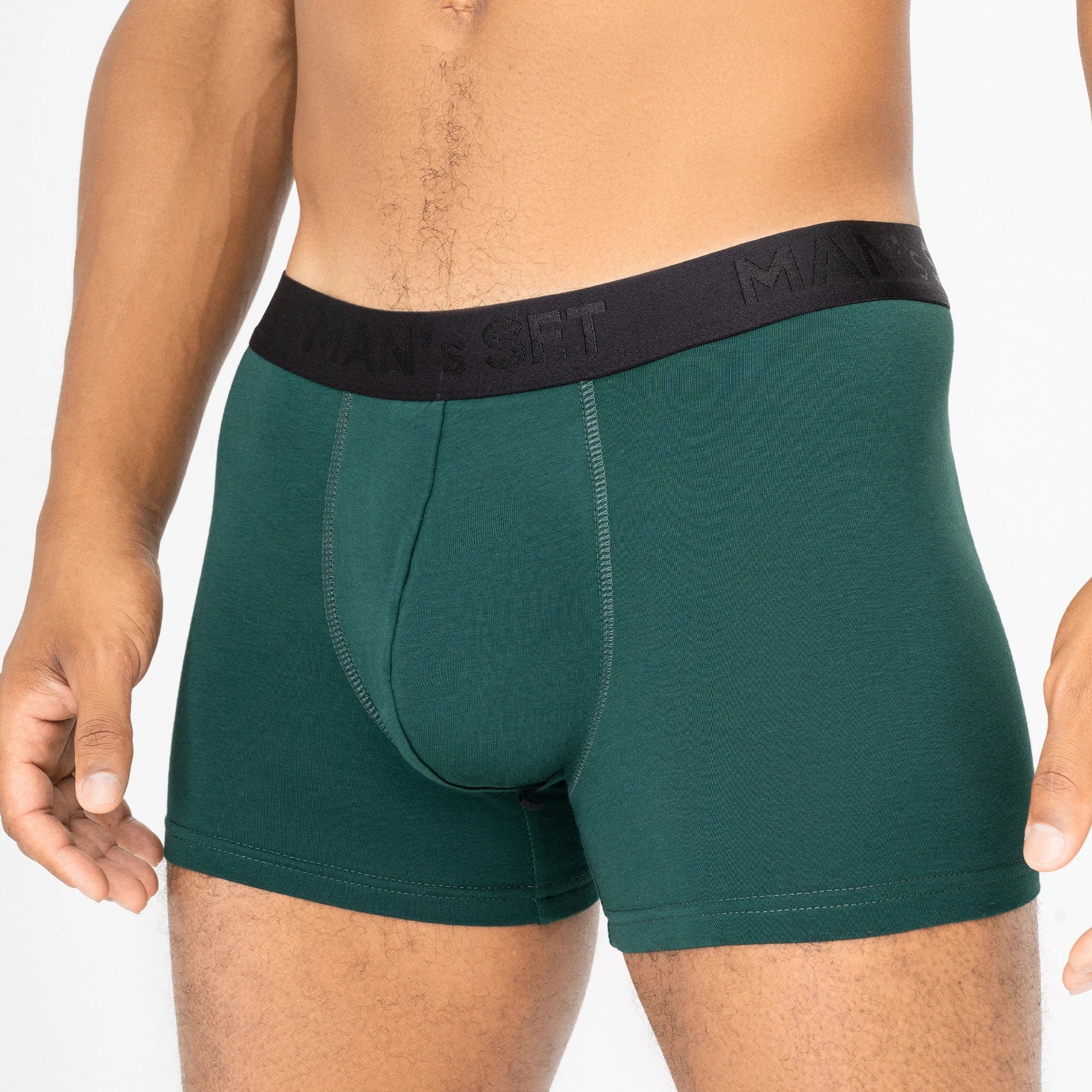 Comfortable men’s underwear by Man’s SET, forest green BreezeFlow micromodal trunks with 4-inch inseam, close-up front view