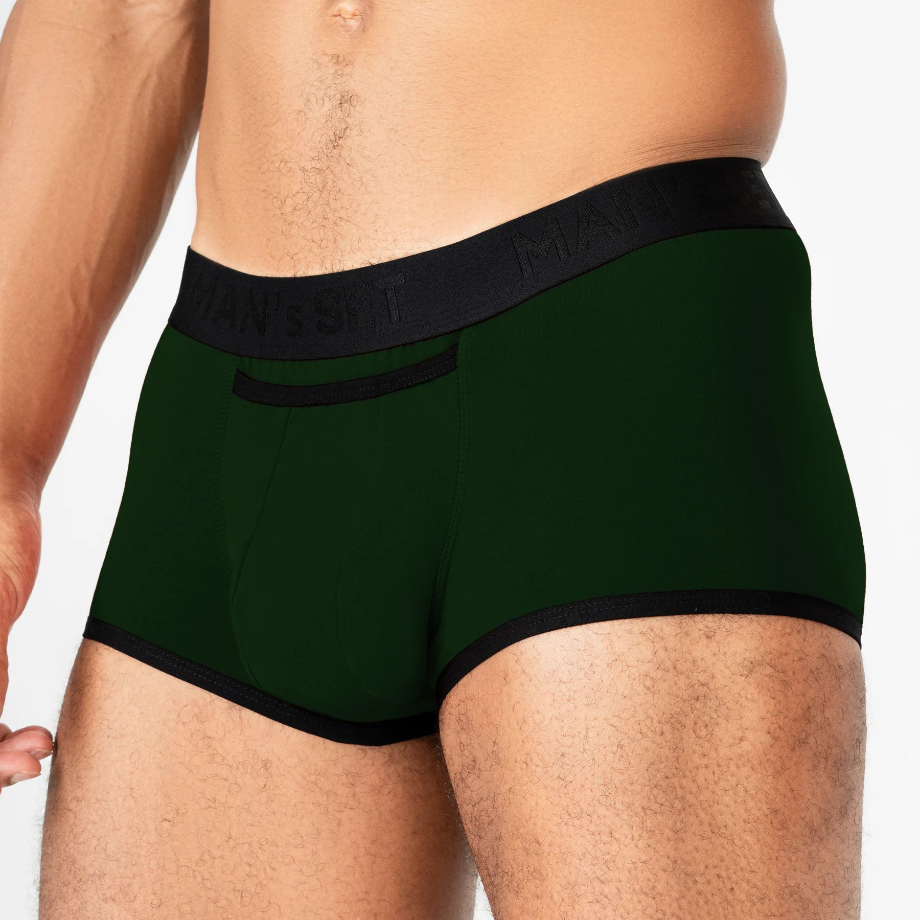 Comfortable men’s underwear by Man’s SET, forest green ProActive Stretch Trunk with anatomical pouch, front angle view